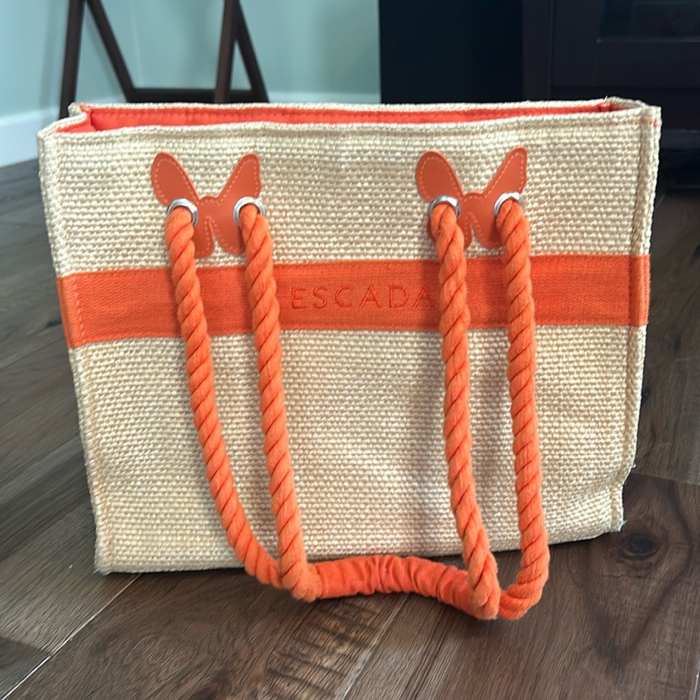 Escada Butterfly Raffia Tan & Orange Woven Leather Rope Beach Bag Tote